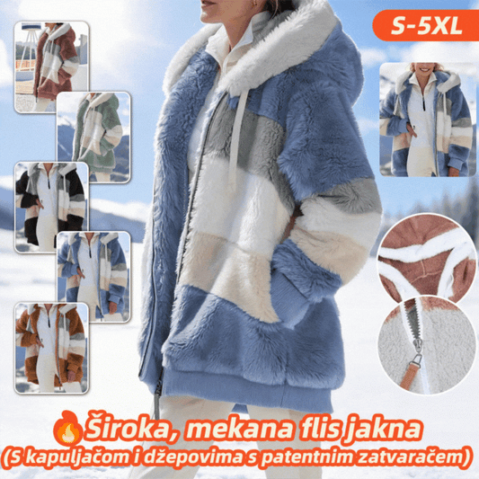 SLEVA ❄️ Nový dámský hřejivý kabát 2026, zateplený plyšový design s kontrastními pruhy, kapuce, zip a kapsy, volný střih, velikosti S–5XL ✅ Platba na dobírku