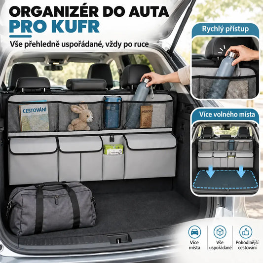 Závěsný organizér do kufru auta – rozměry 105 x 51 cm, uvolní podlahu kufru, kompatibilní s SUV a rodinnými auty, barvy černá a šedá.