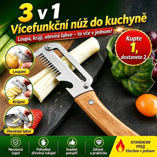 ✅【Kupte 1 a získejte 1 zdarma】2 kusy za 470 Kč 🧅🔪 Víceúčelová kuchyňská škrabka „3 v 1“: škrábe, krájí na plátky a otevírá lahve! 🔥