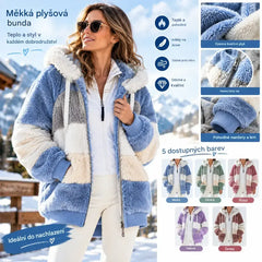 SLEVA ❄️ Nový dámský hřejivý kabát 2026, zateplený plyšový design s kontrastními pruhy, kapuce, zip a kapsy, volný střih, velikosti S–5XL ✅ Platba na dobírku