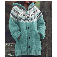✨ Nový dámský pletený svetr s kapucí, geometrickým vzorem a zapínáním na knoflíky, ideální na podzim a zimu, velikosti S–5XL.