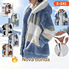 SLEVA ❄️ Nový dámský hřejivý kabát 2026, zateplený plyšový design s kontrastními pruhy, kapuce, zip a kapsy, volný střih, velikosti S–5XL ✅ Platba na dobírku