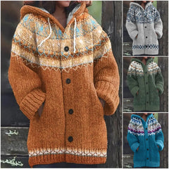 ✨ Nový dámský pletený svetr s kapucí, geometrickým vzorem a zapínáním na knoflíky, ideální na podzim a zimu, velikosti S–5XL.