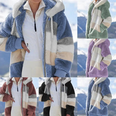SLEVA ❄️ Nový dámský hřejivý kabát 2026, zateplený plyšový design s kontrastními pruhy, kapuce, zip a kapsy, volný střih, velikosti S–5XL ✅ Platba na dobírku