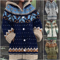 ✨ Nový dámský pletený svetr s kapucí, geometrickým vzorem a zapínáním na knoflíky, ideální na podzim a zimu, velikosti S–5XL.