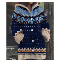 ✨ Nový dámský pletený svetr s kapucí, geometrickým vzorem a zapínáním na knoflíky, ideální na podzim a zimu, velikosti S–5XL.