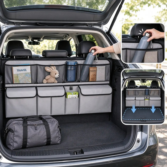 Závěsný organizér do kufru auta – rozměry 105 x 51 cm, uvolní podlahu kufru, kompatibilní s SUV a rodinnými auty, barvy černá a šedá.