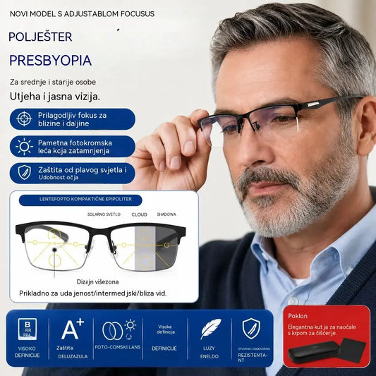 👓 Zcela nové bezrámové brýle na čtení určené speciálně pro střední a starší generaci, vybavené funkcí zvětšení, multifokálními skly, fotochromatickými skly a filtrem modrého světla.