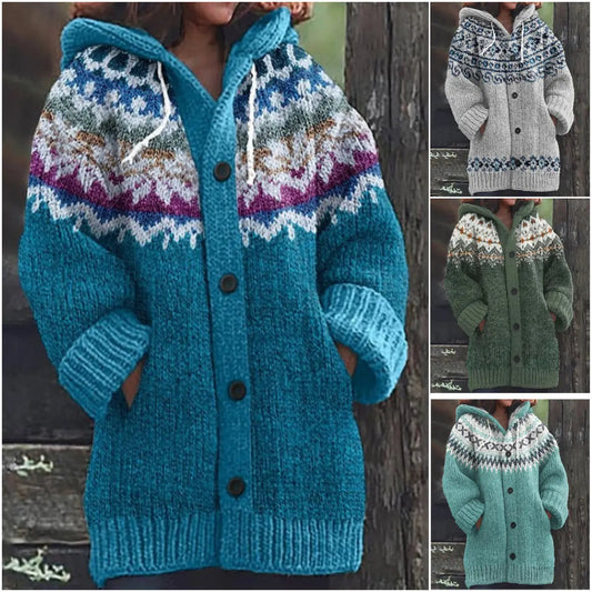 ✨ Nový dámský pletený svetr s kapucí, geometrickým vzorem a zapínáním na knoflíky, ideální na podzim a zimu, velikosti S–5XL.